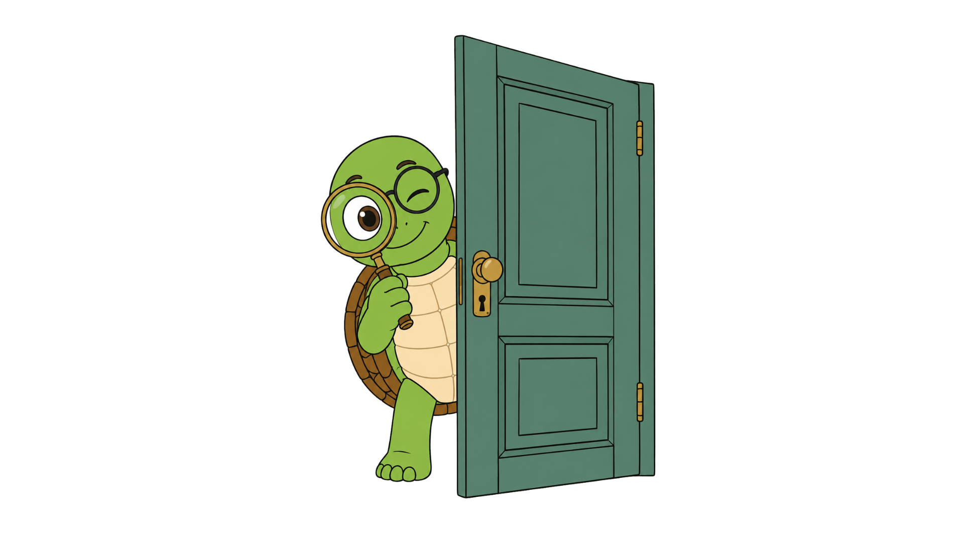 Keepers turtle peeking round a door with a magnifying glass